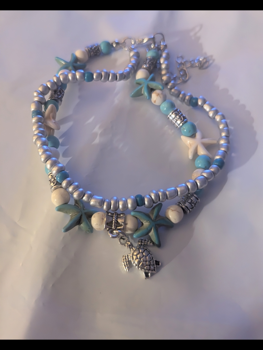 Sea Turtle Charm Layered Anklet - Aqua Silver